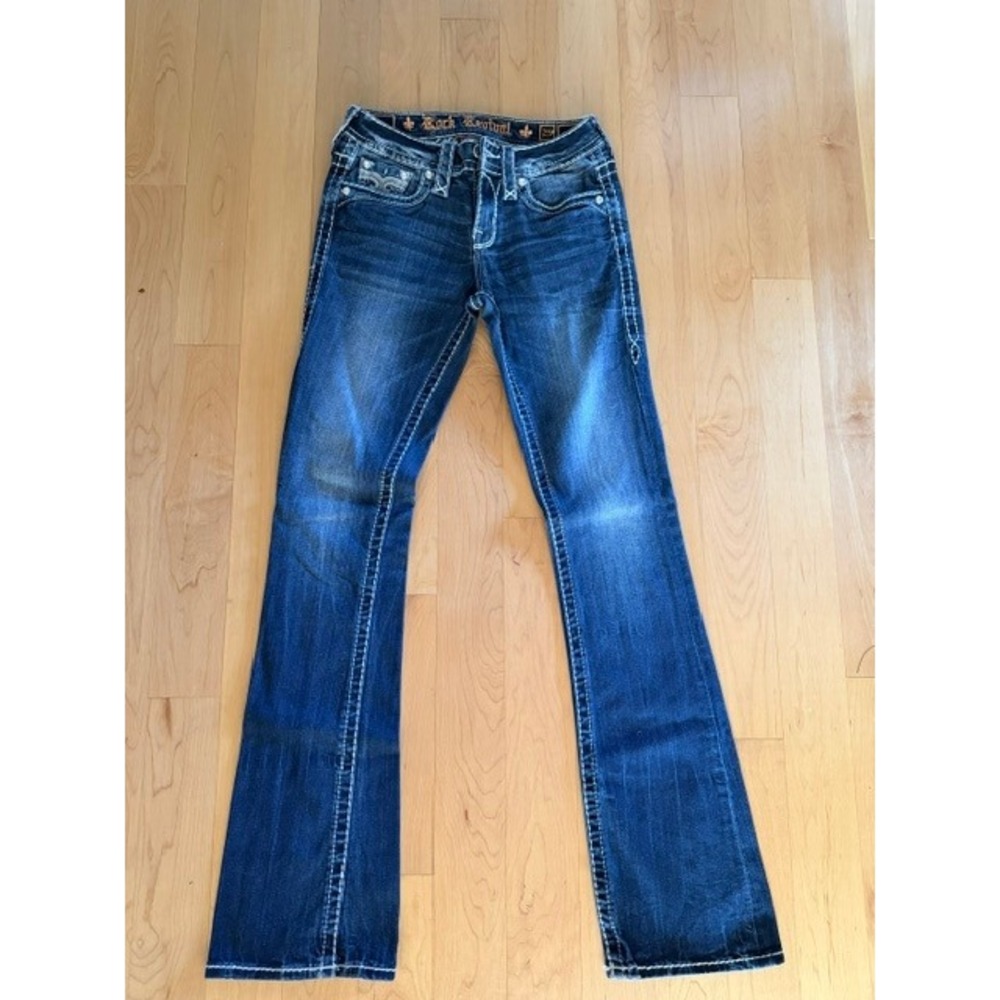 Rock Revival Yui Bootcut Jeans Blue Denim Contrast Stitch Size 25 Mid Rise